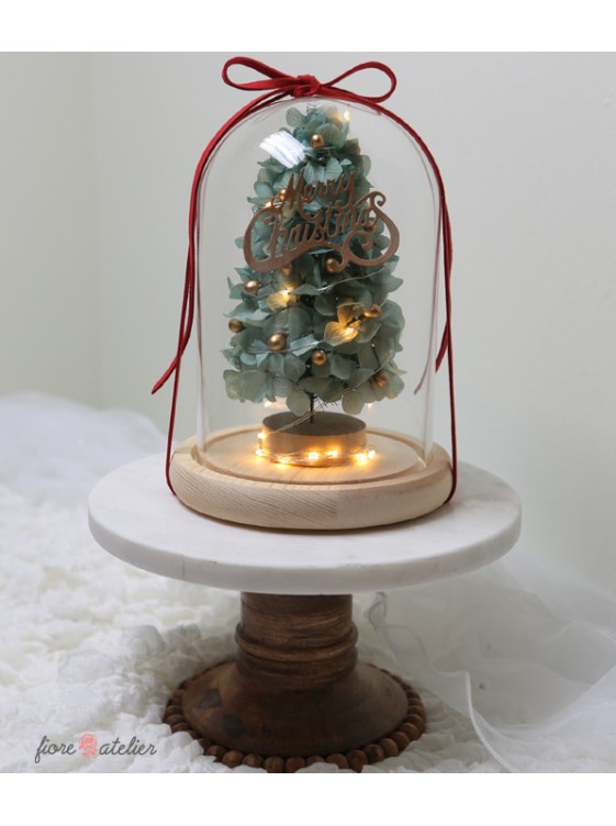 Preserved Flower Glass Dome with LED Christmas Green