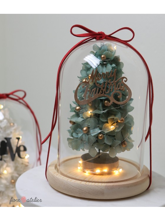 Preserved Flower Glass Dome with LED Christmas Green