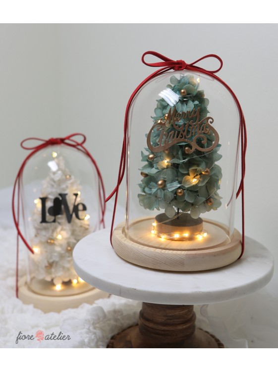 Preserved Flower Glass Dome with LED Christmas Green