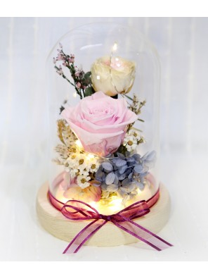 Preserved Pink Rose with LED Glass dome 01